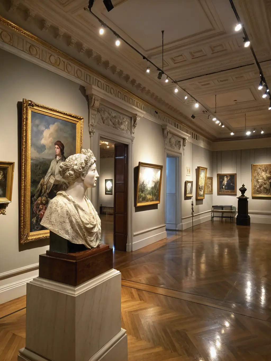 A photo of an art exhibition organized by WATT'SONNE, featuring diverse artworks and attendees appreciating the display, emphasizing the association's support for visual arts.