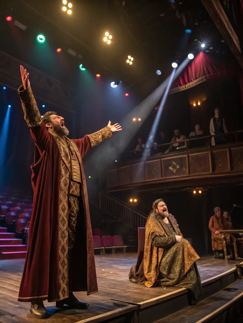 A dynamic image of a community theater performance supported by WATT'SONNE, capturing the actors on stage and the audience's enthusiastic reaction.